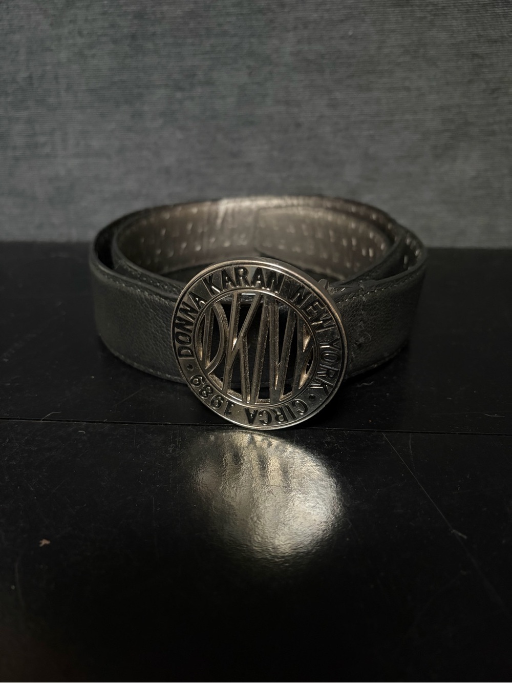 Dkny Black Leather Belt with Round Branded Silver Buckle